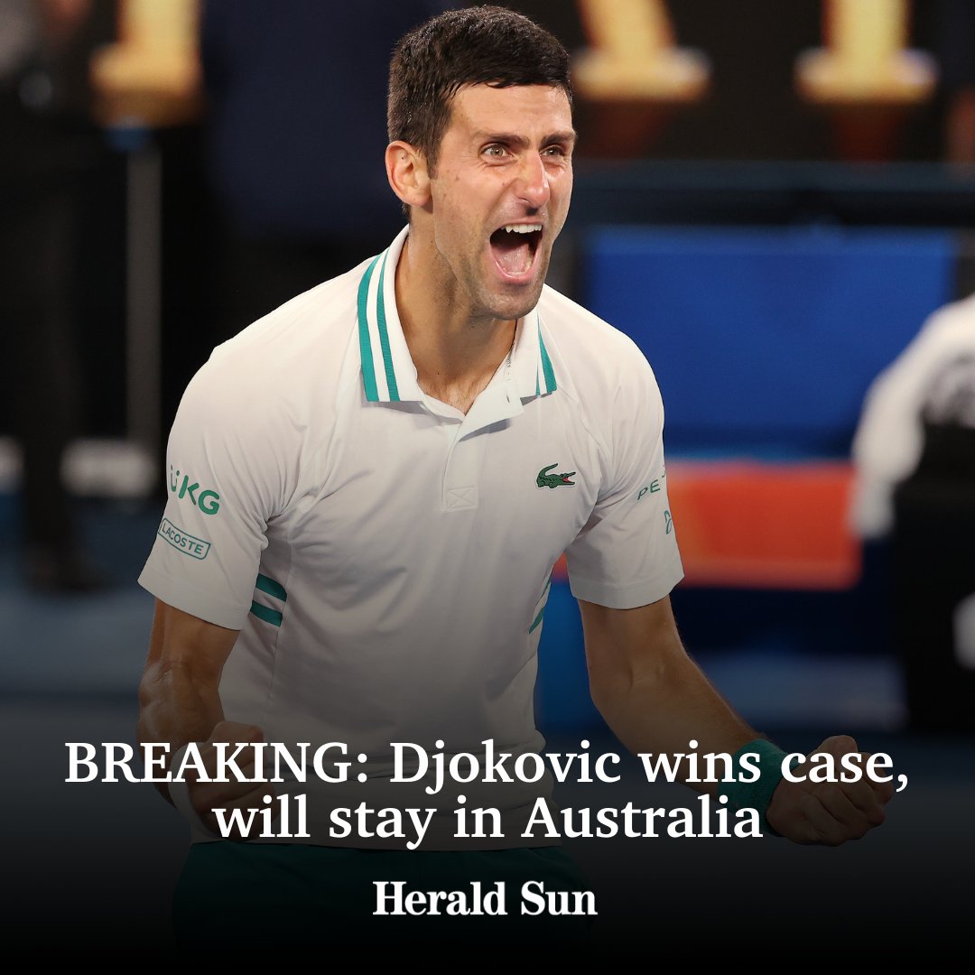 Herald Sun on Twitter: "Novak Djokovic is free to play the Australian Open after a sensational court ruling against Australian government. LATEST: https://t.co/TlwXmndnVI #AusOpen https://t.co/Dmb7z6x3oq" / Twitter