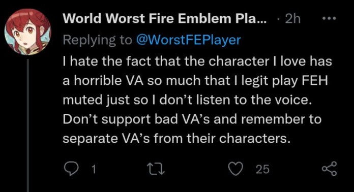 Maneymon's tweet photo. @WorstFEPlayer You yourself said to remember to "separate the character from the voice actor" so why can't you do it then? https://t.co/cgylwzZYAl