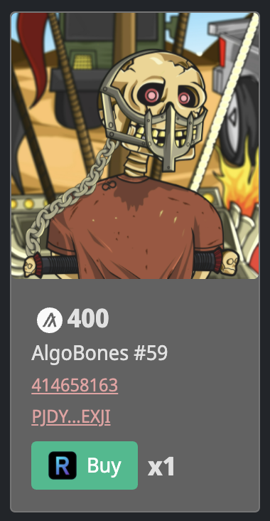 AlgoBones's tweet photo. #AlgoBones #59 is listed on @RandGallery.

Grab this #MadBones! So stoked to welcome new members of the squad! Let's goooo fam!! 🔥💀☠️

Link here:
https://t.co/VEUB9s5lu8

#ALGOnft $algo #Algorand https://t.co/m7GjYysyhs