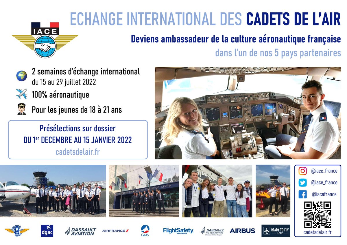 #MondayMotivation |⏰Déposez votre candidature en ligne pour participer à l'<a href="/IACE_France/">Cadets de l'Air</a> avant le 15 janvier 2022 📩

✈️2 semaines d'échange
👩‍✈️Pour les jeunes passionnés de 18 à 21 ans🧑‍✈️
🌍Dans l’un des 5 pays partenaires 

Pour candidater 👉cadetsdelair.fr