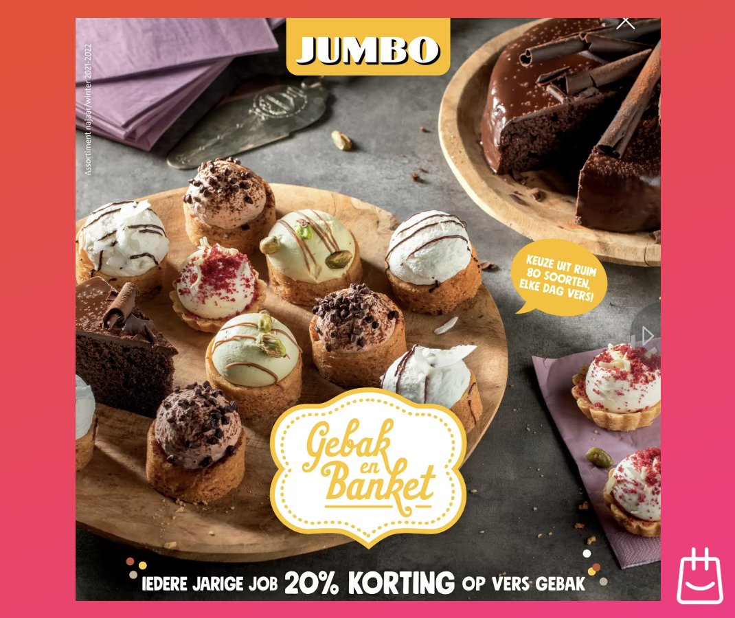 Wie is er bijna jarig?🎂 Dan moet je namelijk naar de <a href="/JumboSupermarkt/">Jumbo Supermarkten</a>, want iedere jarige krijgt 20% korting op al hun gebak! Vind deze folder op folderz.nl/bekijk/aanbied… 🎊
