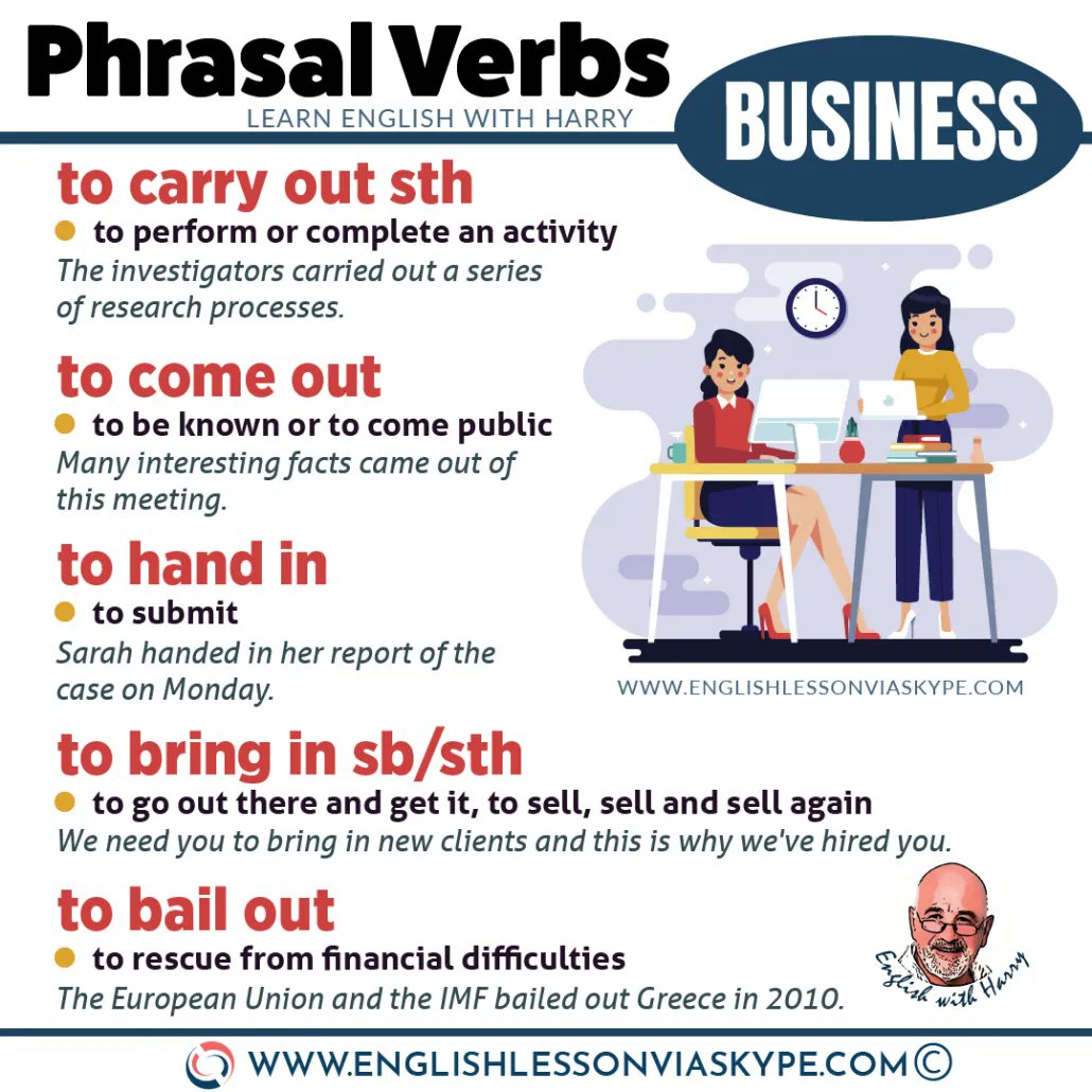 22 Phrasal verbs related to business. Click the link to learn more 👉bit.ly/31PbEHN @englishvskype #LearnEnglish #Vocab #englishlanguage #ingles #englishlearning #englishphrases