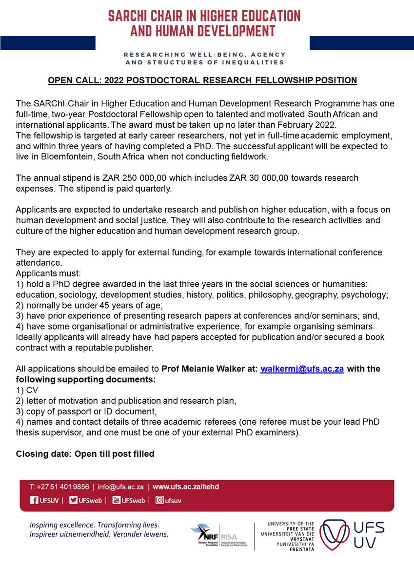 <a href="/HEHD_SA/">Higher Education & Human Development Research_ SA</a> has temporarily re-opened the call for applications for a full-time, 2-year Postdoctoral Fellowship position.
Motivated South African &amp; international applicants are encouraged to apply. Visit our website for more on our research interests.
CC: <a href="/NRF_News/">National Research Foundation of South Africa</a>
#AcademicTwitter