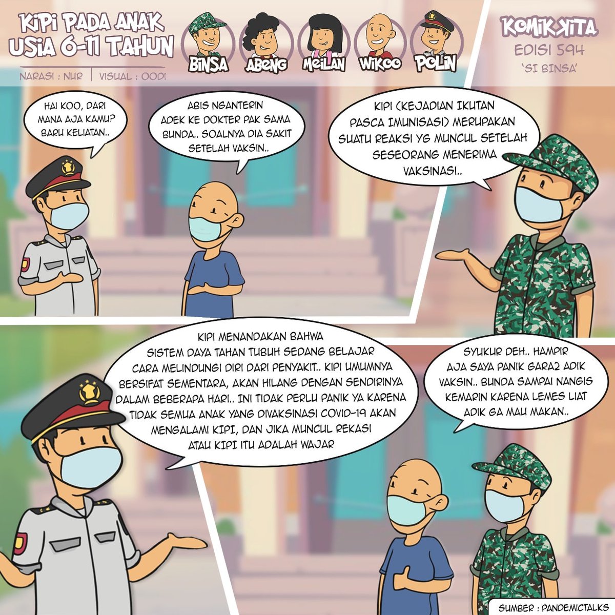 Sobat Binsa, baru baru ini dimulai vaksin bagi anak usia 6-11 tahun, dan alhamdulillah tidak ada yang memiliki efek yang berlebihan. 

Yuk vaksin untuk semua demi pulihnya Indonesia 🇲🇨

#KomikKita #SiBinsa #P5TNI #MasTagar #VaksinYuk
