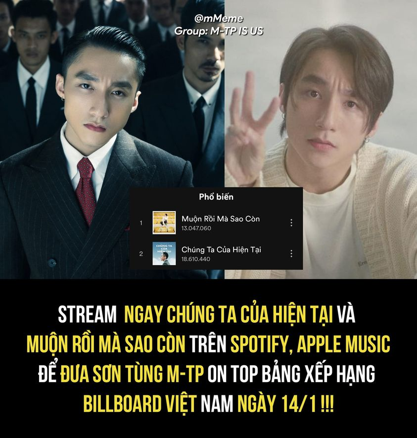 sontung_mmeme's tweet photo. [SKY]
Just a few days left of Billboard Vietnam chart will be released so don't forget to focus 100% of your force Streams to 2 songs "Chung Ta Cua Hien Tai" and "Muon Roi Ma Sao Con" on Spotify, Apple Music and promote buying music on Itunes 🥺!
#sontungmtp #mMeme #MRMSC #CTCHT https://t.co/FlP3vS4i9R