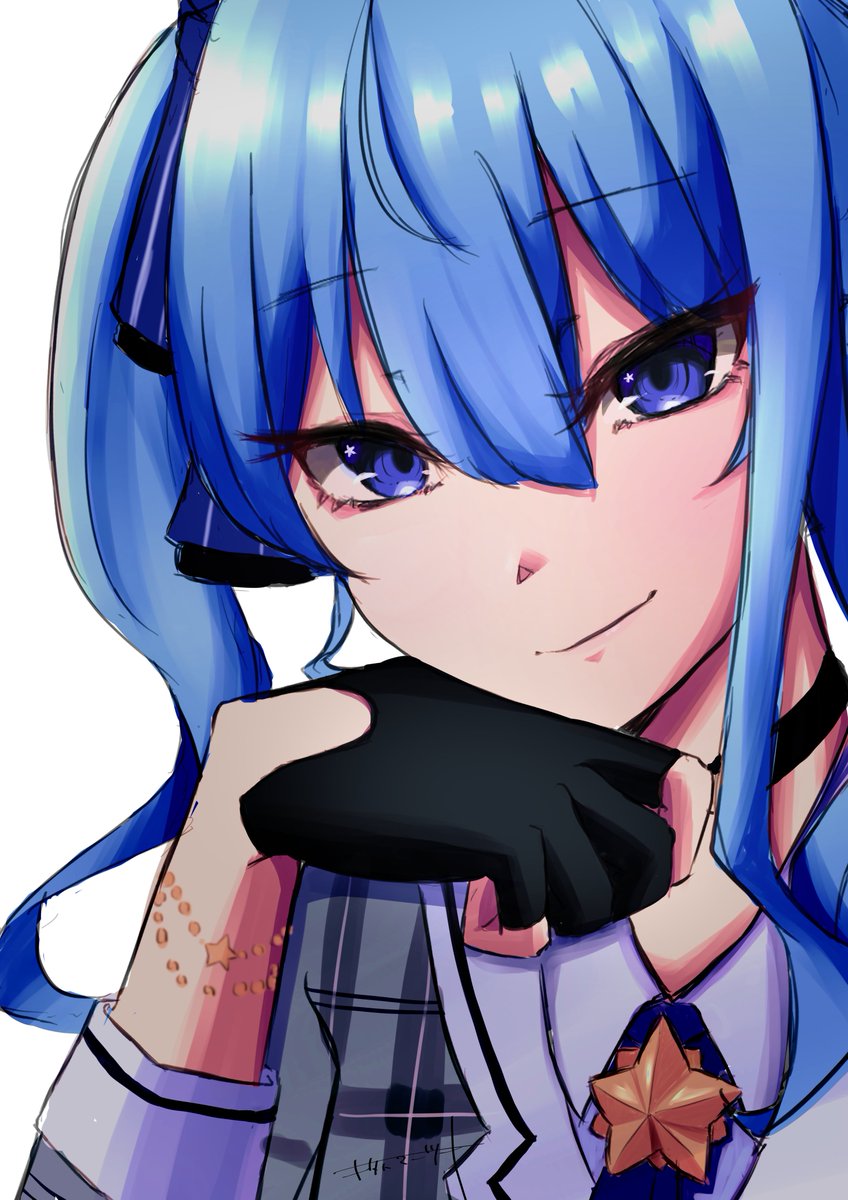 hoshimachi suisei 1girl blue hair solo gloves blue eyes smile black gloves  illustration images