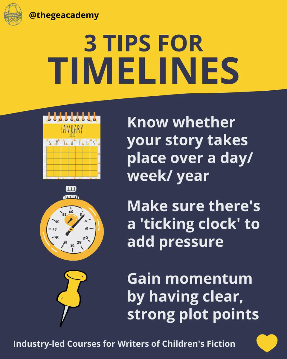 TheGEAcademy's tweet photo. TIMELINE TIPS
Do you know the timeline for your story? Is there a clear time pressure, pushing your characters to keep moving through your plot points? If not, make sure you address these points to ensure your story is strong. #goldeneggacademy #writingforchildren #timelinetips https://t.co/Jig5zX5Zxy