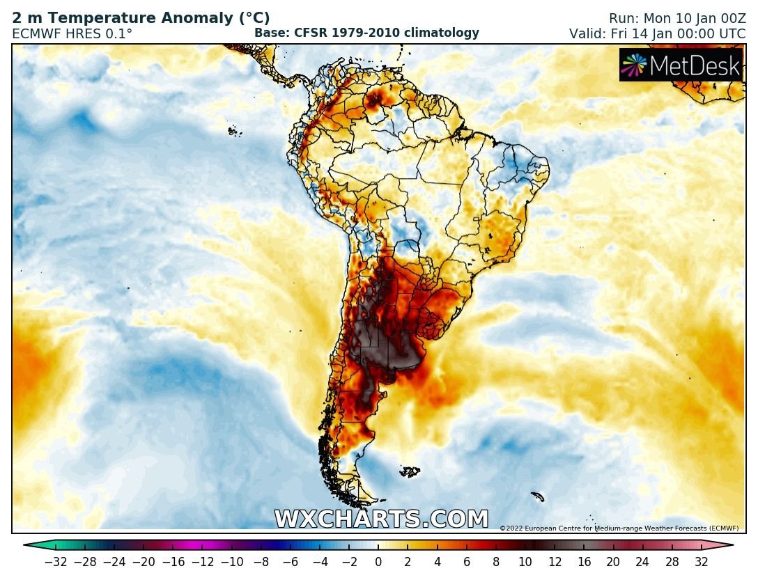 Diese Woche werden wir Zeugen einer unfassbaren und extrem problematischen Hitzewelle in Südamerika. Selten so eine Temperaturabweichung über mehrere Tage gesehen. Rechne in Argentinien und drum herum verbreitet durchaus mit 40 bis 50°C.
