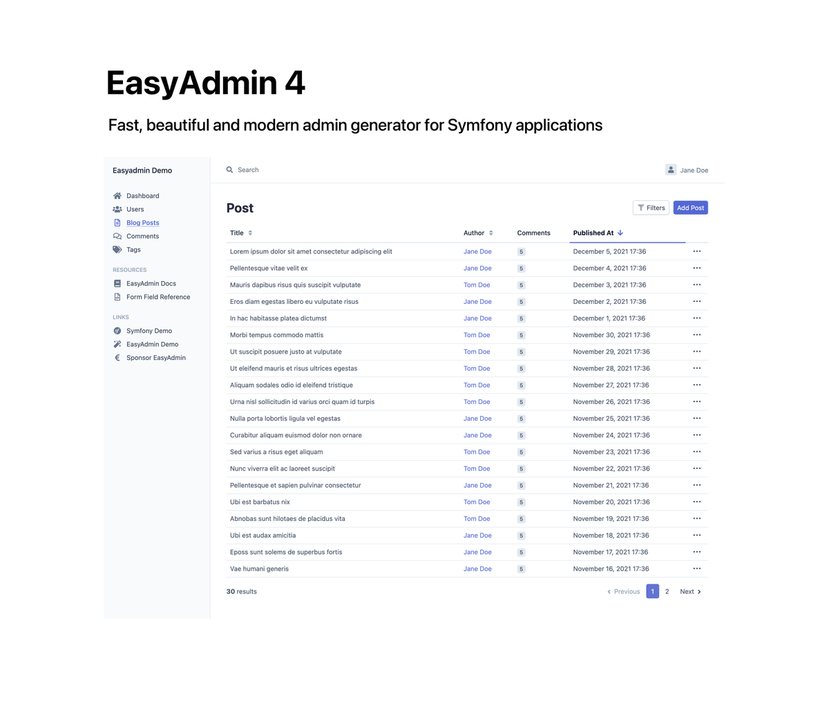symfony_en's tweet photo. EasyAdmin 4 is now available 🎉 ... and it's fully compatible with Symfony 6.

EasyAdmin is a fast and beautiful admin generator for Symfony applications. Free and Open-Source.

Code: https://t.co/8n8e5VFEP2
Docs: https://t.co/UKLvKP5aX3 https://t.co/3i4ZDGYCqc