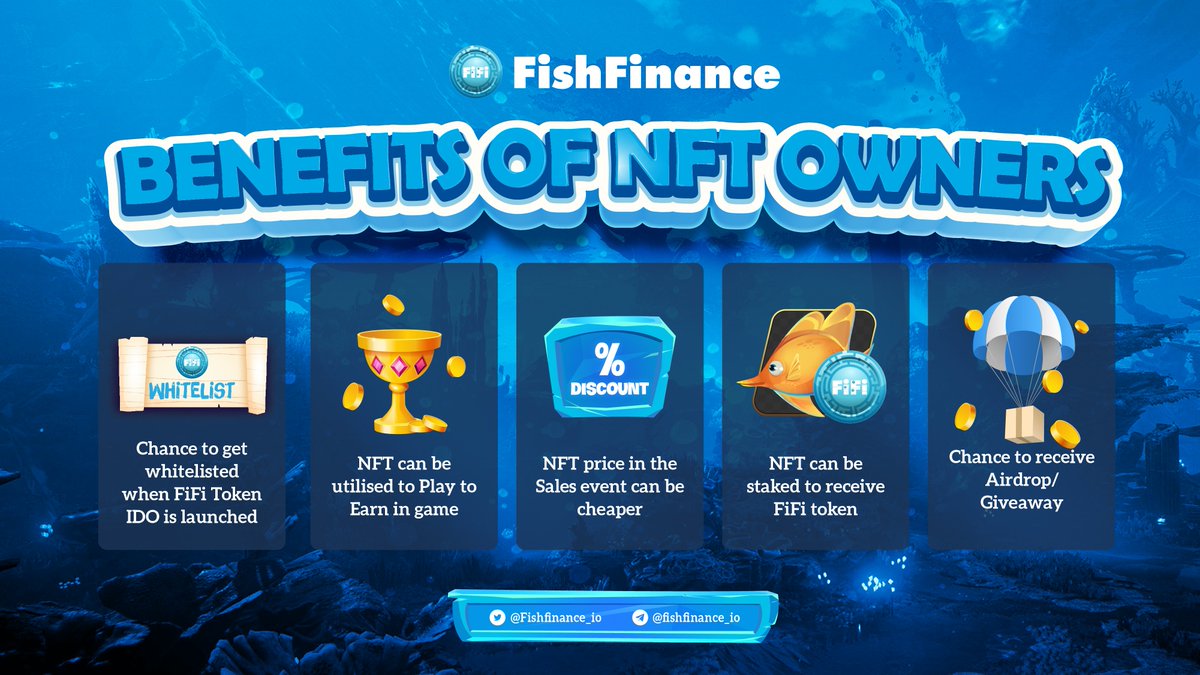 Check out the benefits when joining #FishFinance NFT sale! 🐟

Which benefit do you like most? Which one do you wish to change? Let us know in the comment section! 

👉 Keep minting at nft.fishfinance.io

#RacingFish #FiFi #AVAX #AVAXNFT $FiFi
