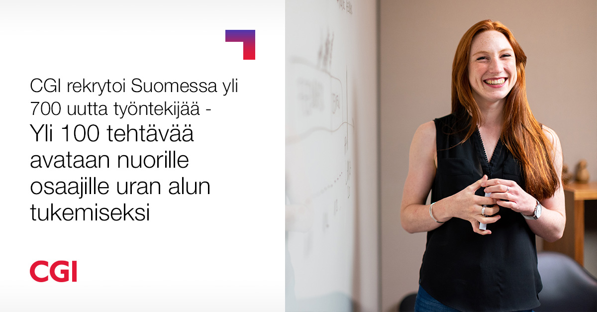 CGI_FI's tweet photo. Palkkaamme #FutureTalent -harjoitteluohjelman kautta yli 100 uraansa aloittelevaa IT-osaajaa eri puolilla Suomea. Haku on auki nyt! Yhteensä palkkaamme yli 700 uutta tekijää tämän vuoden aikana.
➡ Lue uutinen: https://t.co/FDsbTw6GdM
#työelämä #rekry #harjoittelu #CGInside https://t.co/eQzj8dUGk1