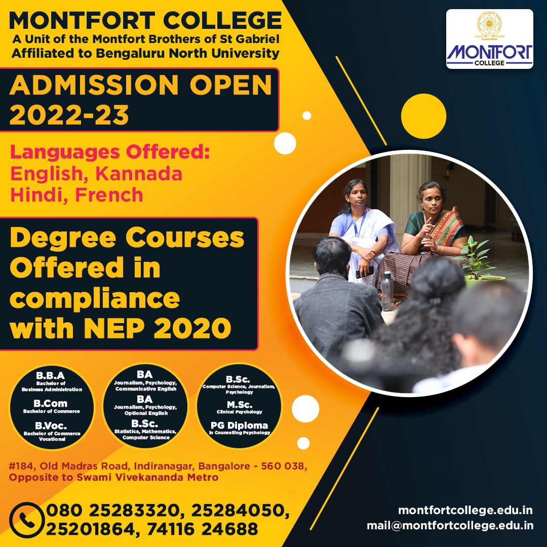 CollegeMontfort's tweet photo. New Degree Courses Offered
Admission open for BBA , B.Voc, BA PG Diploma
Language offered:- English, Kannada, Hindi, French
MONTFORT COLLEGE
(Affiliated to Bangaluru North University)
Call 080-25283320 https://t.co/u6AC73TN9n