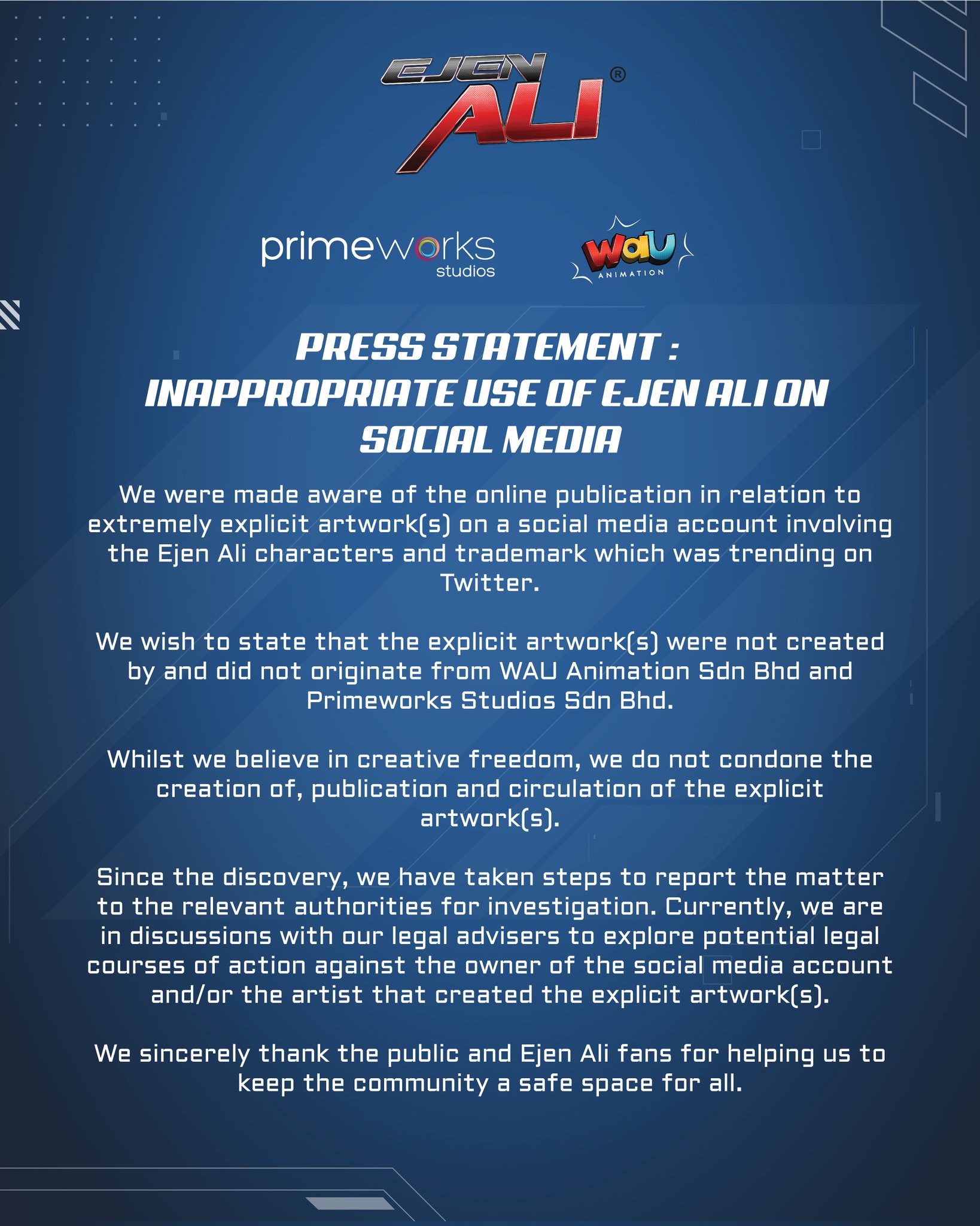 Ejen Ali on X: Press Statement : Inappropriate Use of Ejen Ali on Social Media #EjenAli #ARTvidence t.codbuzGzAJO7 X