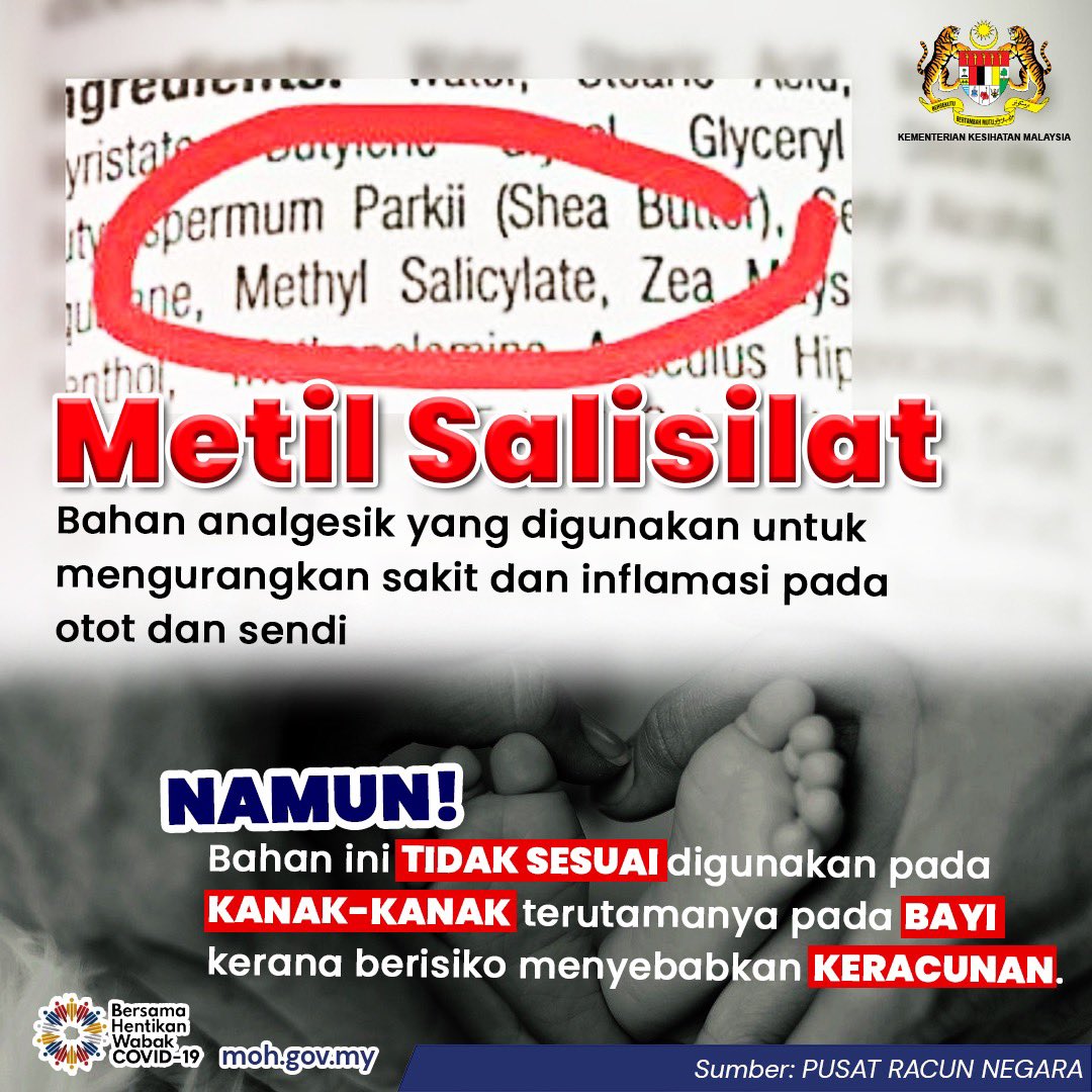 BACA LABEL SEBELUM GUNA‼️ 

Metil Salisilat (Methyl Salicylate) merupakan bahan aktif dalam produk analgesik (tahan sakit) seperti minyak panas atau minyak urut

Jika indikasi produk hanya untuk kegunaan dewasa sahaja, elakkan menggunakannya kepada 👦🏻👧🏻 atau 👶🏻