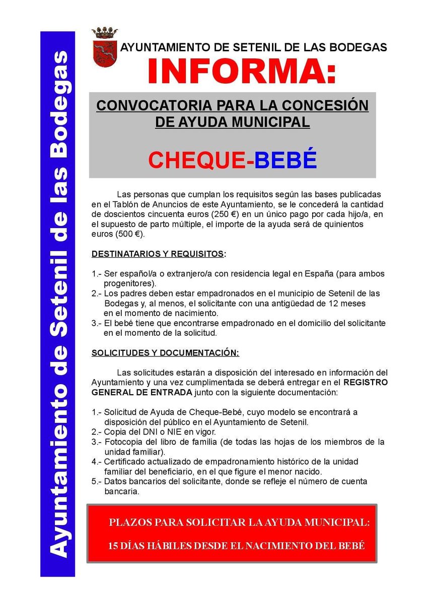 RECORDATORIO para el año presente 2022.
El Excmo. Ayuntamiento de Setenil de las Bodegas informa de la convocatoria del presente año para la concesión de ayuda municipal del CHEQUE-BEBÉ. 
#ChequeBebeSetenil