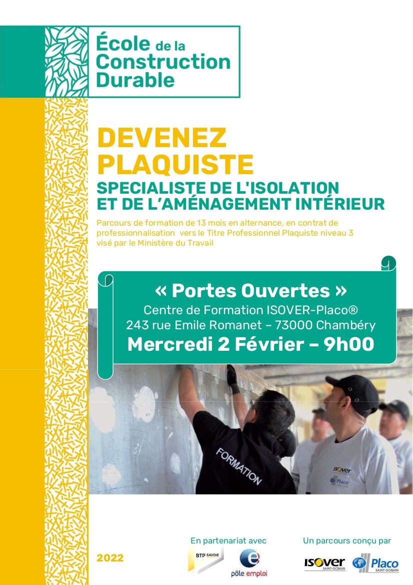 Lancement en avril de la Formation Plaquiste en contrat pro, en partenariat avec Isover-Placo Saint-Gobain !

Journée Portes Ouvertes le 2 février : présentation de l'usine et de la formation.

Inscription et plus d'infos par email : votreaccueil@btpsavoie.fr