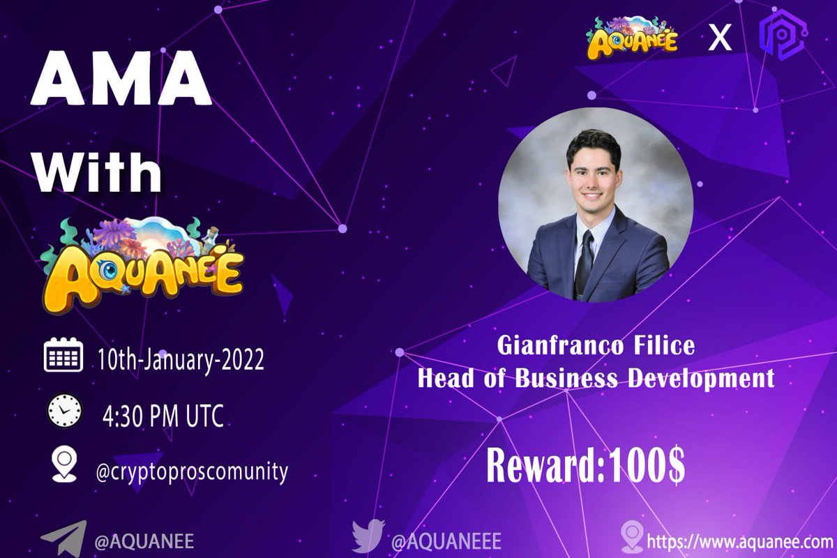 Crypto_ProsCM's tweet photo. #AMA 
CryptoPros Community × @AQUANEEE 

🗓 DATE  :  10th, Jan, 2022
⏰ TIME  :   4:30 PM UTC
🏠 VENUE : https://t.co/GIuAWNUosZ        
 
🏆Reward Pool: 100$ https://t.co/bLUj8UxvIJ