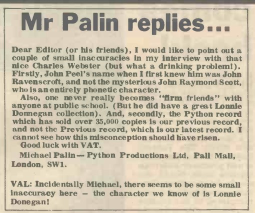 In February 1973, Michael Palin wrote to Record Mirror to put a few things right regarding an interview in an earlier issue #MontyPython