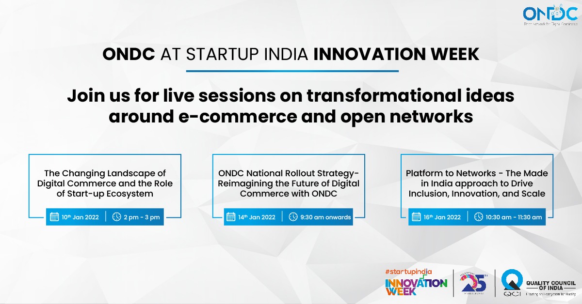 ONDC_Official's tweet image. Join us for Live Sessions at Startup India Innovation Week on Transformational Ideas around #eCommerce and #OpenNetworks. 

#ONDCatInnovationWeek #ONDC #Network

Register: bit.ly/ONDCatInnovati…

@anilarch @startupindia
