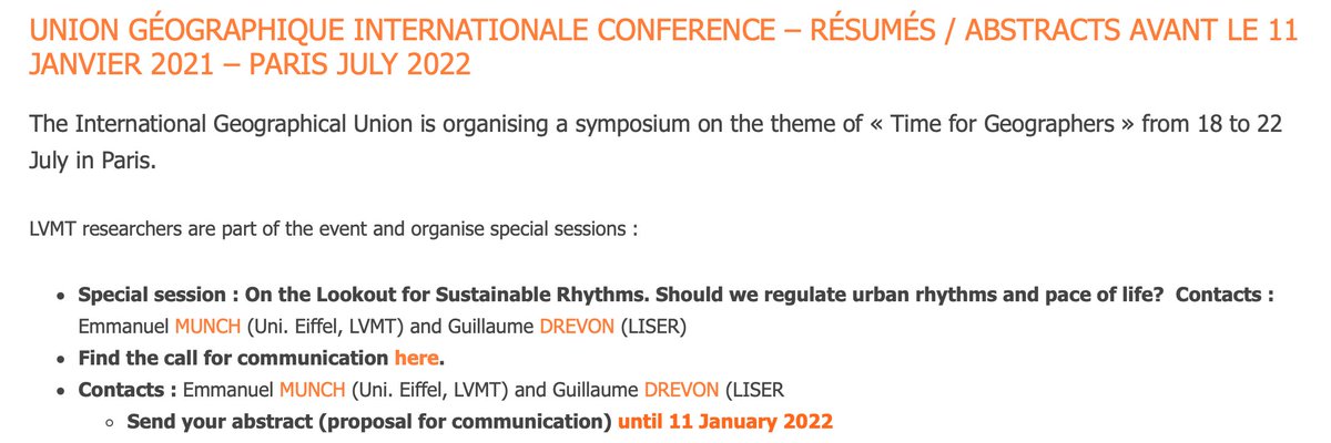 Dear all, don't hesitate to contribute to our special session: 
"On the Lookout for Sustainable Rhythms. Should we regulate urban rhythms and pace of life?" 

International Geographical Union Symposium

<a href="/Liser_UDM/">LISER's Dept. of Urban Development and Mobility</a> <a href="/LISERinLUX/">LISER</a> 

lvmt.fr/conference-de-…
