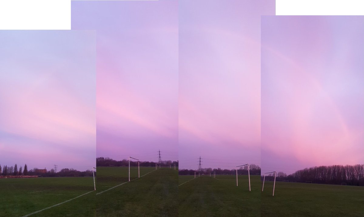 Tricky to capture on phone camera so image is roughly stitched together - first time I've ever seen sunrise in the east mirrored by a faint but complete rainbow in the west #HackneyMarshes