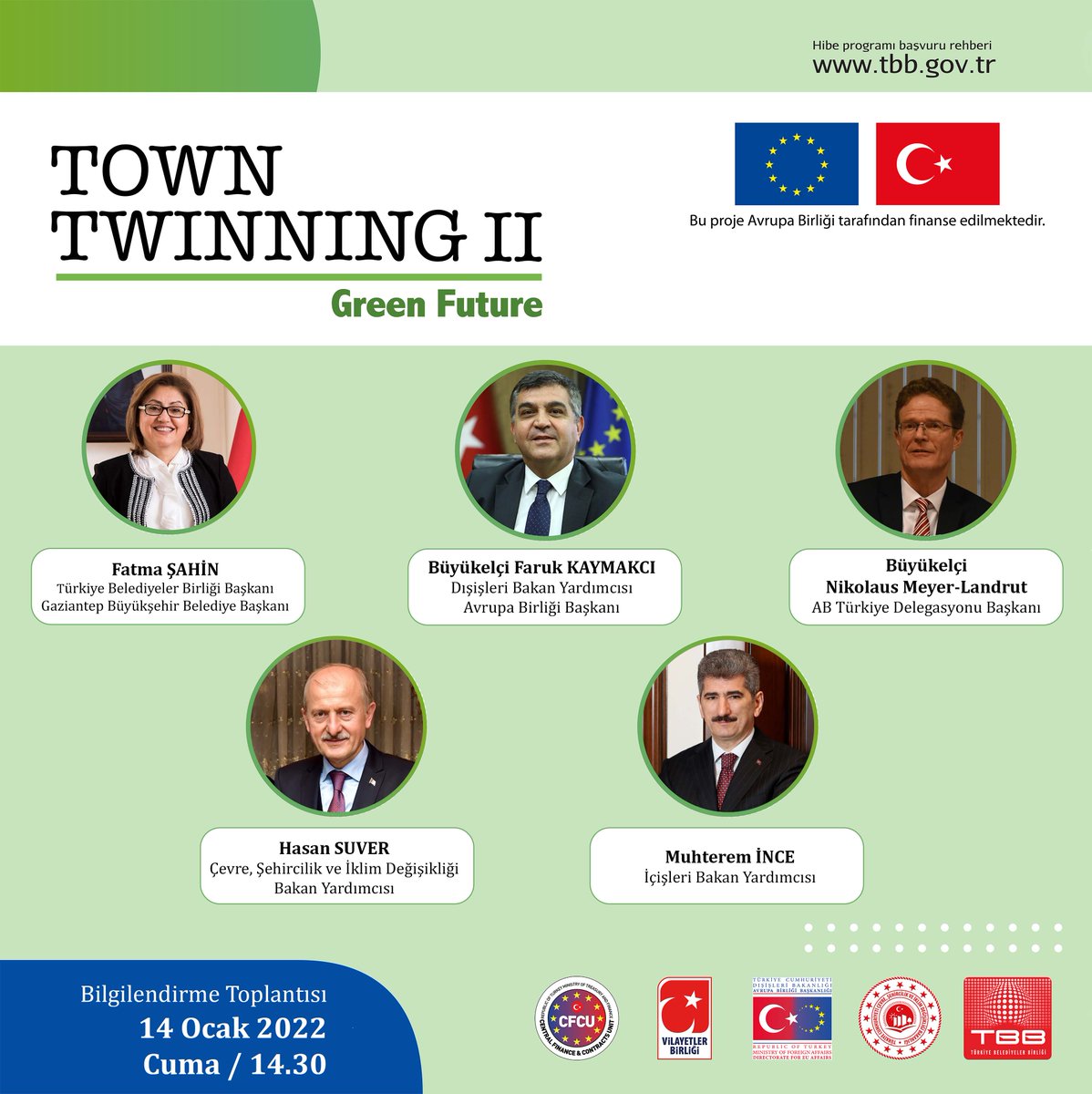 #ŞehirEşleştirme-II: Yeşil Bir Gelecek İçin Eşleştirme Hibe Programının bilgilendirme toplantısı çevrim içi yapılacak. #TownTwinning #YeşilMutabakat
Takvim 14 Ocak -Saat 14.30
Türk ve AB tarafından katılımcıların buluşacağı toplantıya katılmak için:tbb.gov.tr/Tr/Duyuru_sehi…