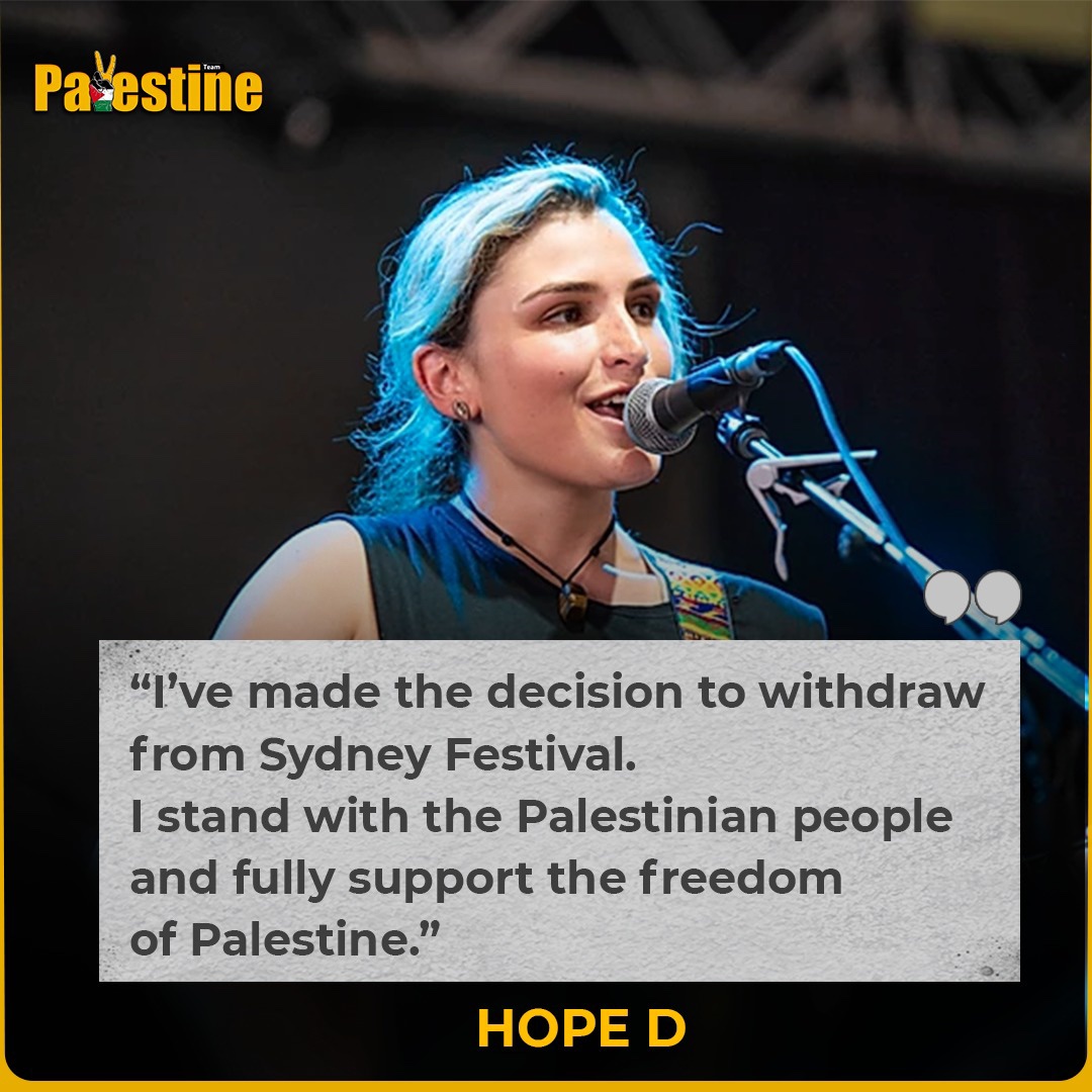 Australian artist Hope D has pulled out of #SydneyFestival in protest to the event’s sponsorship arrangement with the Israeli Embassy. 

“I stand with the Palestinian people and fully support the freedom of Palestine.”