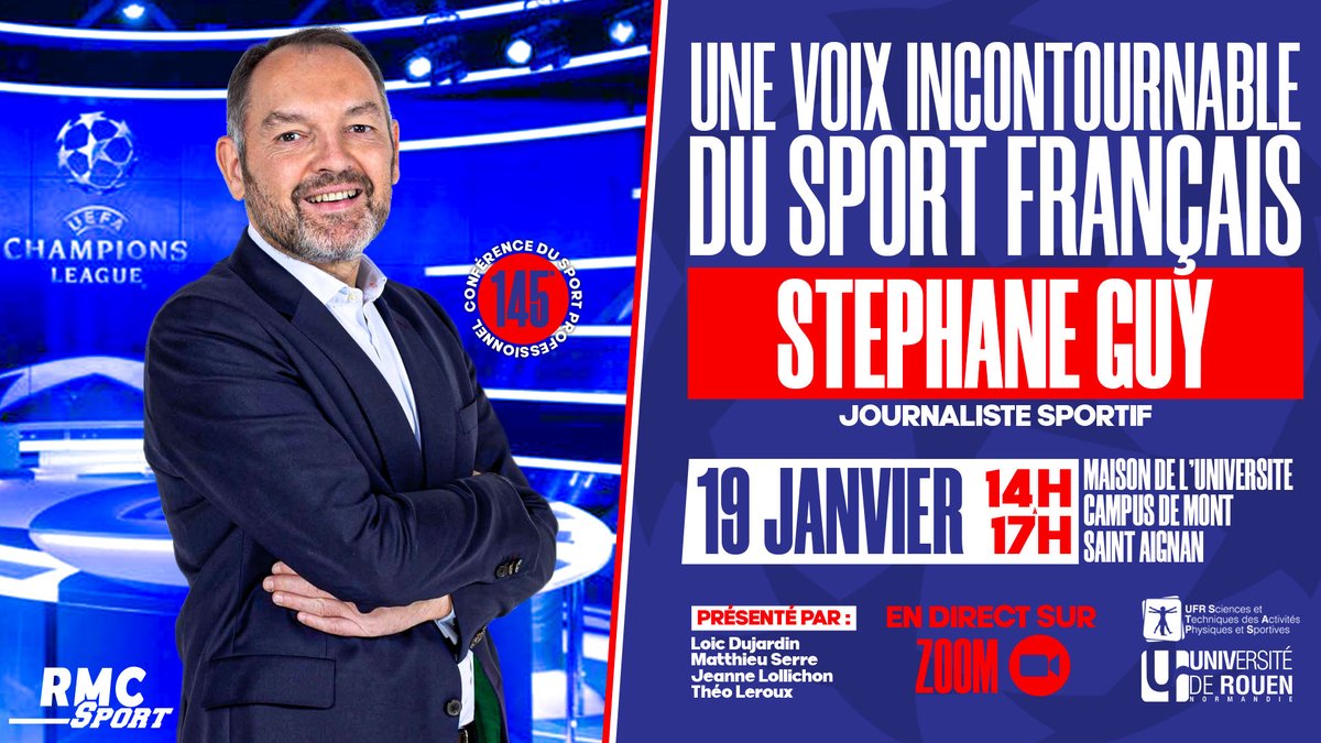 📅 145ème Conférence du Sport Professionnel

Stéphane Guy (commentateur &amp; consultant <a href="/RMCsport/">RMC Sport</a> ) sera présent parmi nous le mercredi 19 janvier de 14h à 17h ! 

🎙️Une voix incontournable du sport français ! 

Pour toutes les infos ⤵️