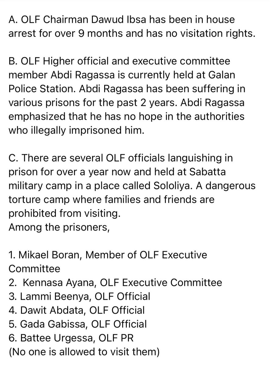 OromoLegalTeam's tweet photo. All Oromo Political Prisoners Must Be Released

Attached in the pictures below are list of names and information by Oromo Liberation Front (OLF), PR Lammii Gammachu, regarding OLF's officials and members languishing in Ethiopian prisons.
#FreeAllOromoPoliticalPrisoners https://t.co/IpssCtT6zB