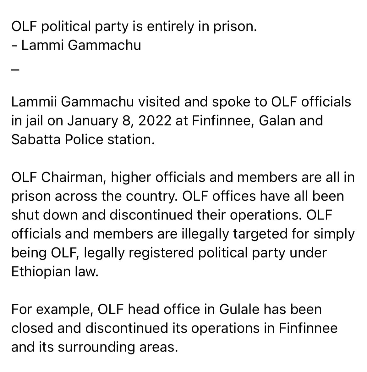 OromoLegalTeam's tweet photo. All Oromo Political Prisoners Must Be Released

Attached in the pictures below are list of names and information by Oromo Liberation Front (OLF), PR Lammii Gammachu, regarding OLF's officials and members languishing in Ethiopian prisons.
#FreeAllOromoPoliticalPrisoners https://t.co/IpssCtT6zB