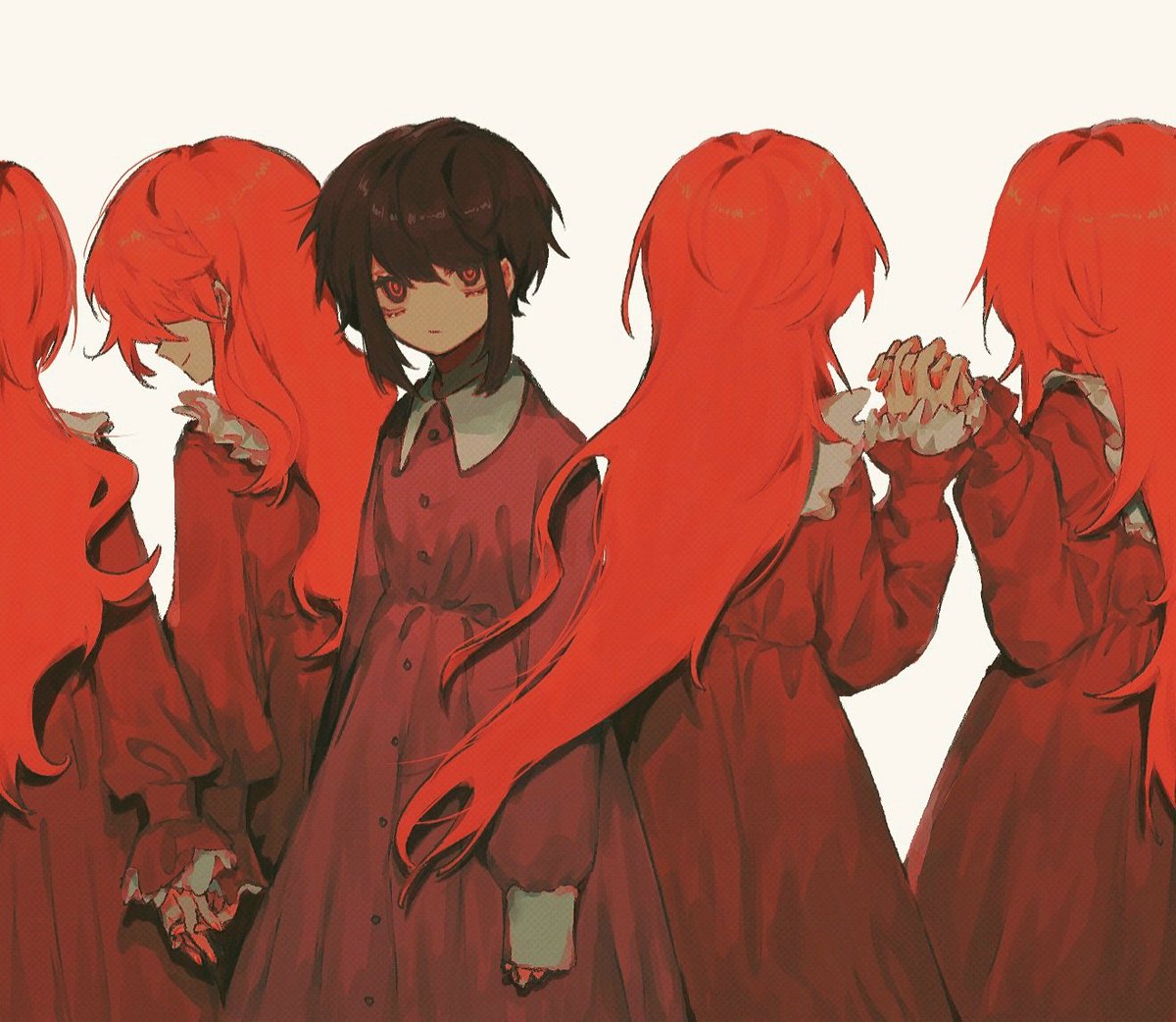 multiple girls dress long hair red dress long sleeves 4girls white background  illustration images