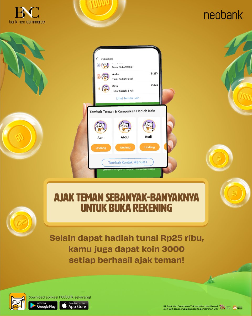 bankneocommerce's tweet photo. Nah, ini dia trik biar kamu dapat banyak koin di Dunia Neo!

#Neoliuner #BeraniLebih #neobank https://t.co/ulE4qEZmj5