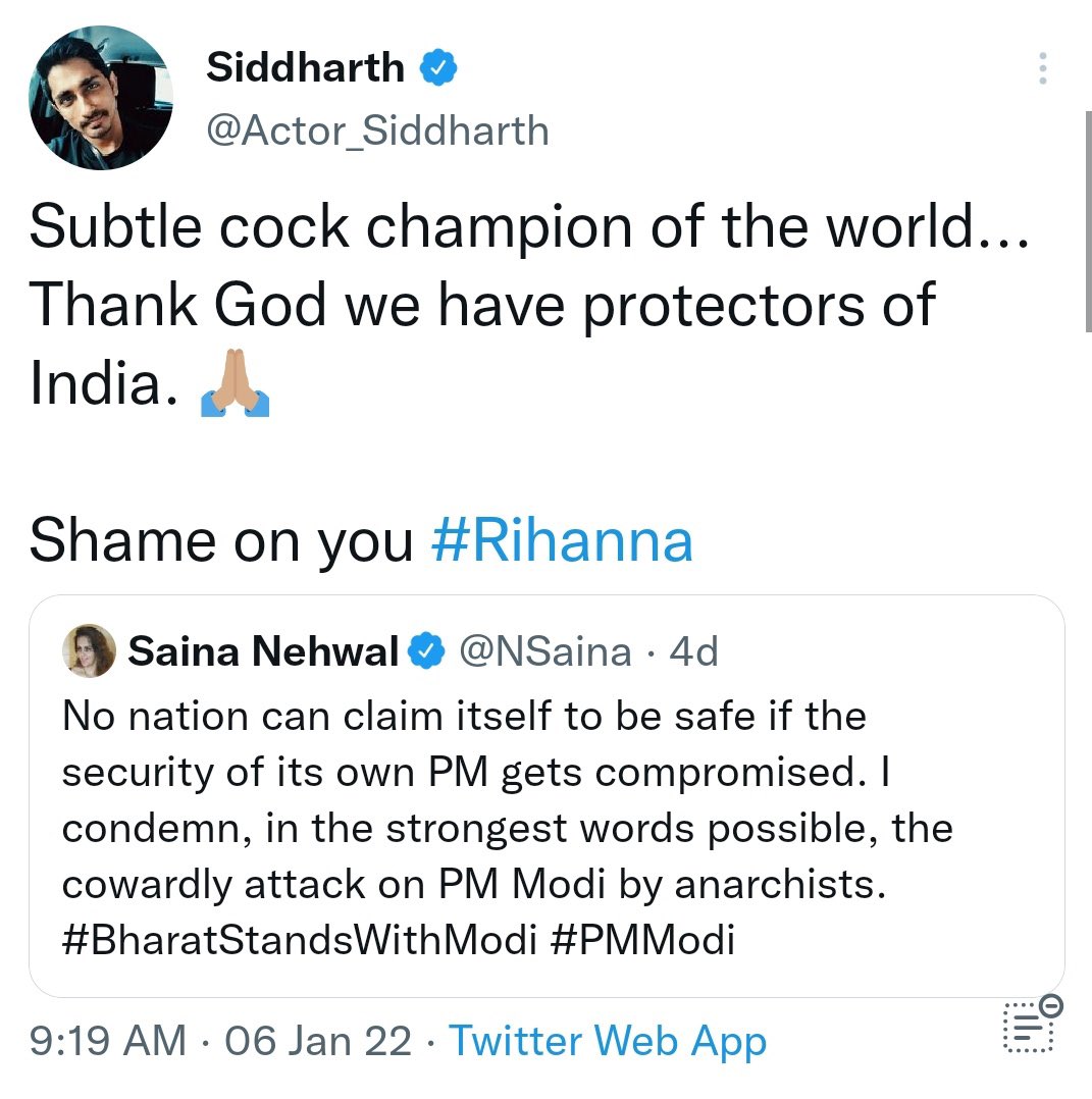 RT @MNageswarRaoIPS: What a disgusting fellow is @Actor_Siddharth?

@NSaina
@NCWIndia https://t.co/kfxLwNQEZL