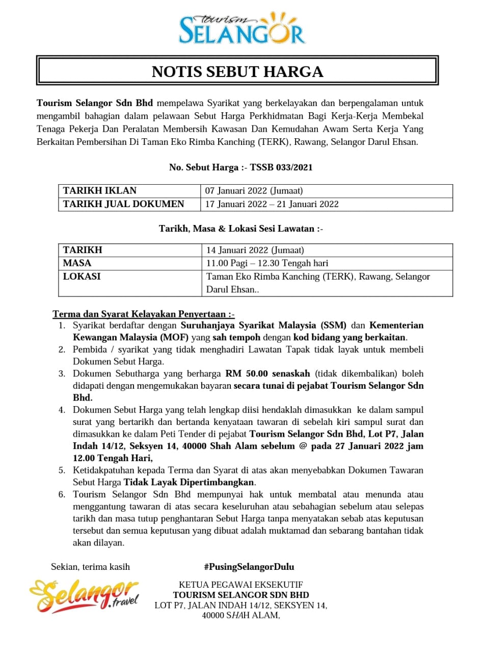 Tourism Selangor On Twitter Notis Tender Sebut Harga Tssb 033 2021 Perkhidmatan Bagi Kerja Kerja Membekal Tenaga Pekerja Dan Peralatan Membersihkan Kawasan Dan Kemudahan Awam Serta Kerja Yang Berkaitan Dengan Pembersihan Di
