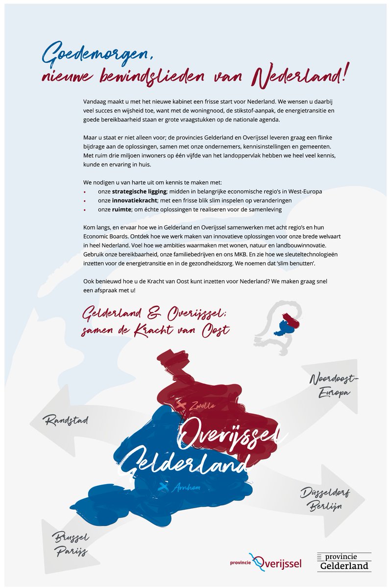 Vandaag maakt het nieuwe kabinet een frisse start voor Nederland. We wensen vanuit Oost-Nederland de nieuwe ministers en staatssecretarissen daarbij veel succes en wijsheid toe!

#krachtvanoost #nederlandslimbenutten