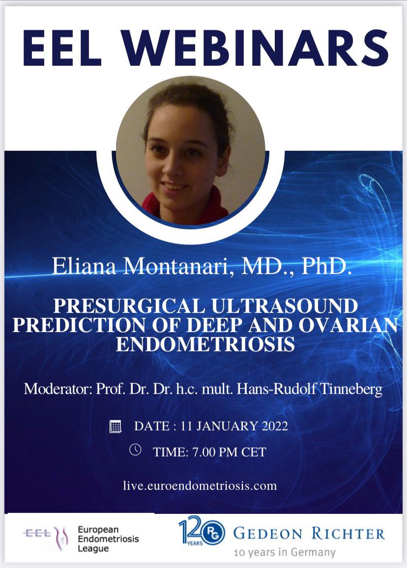 The next EEL Webinar, ‘Presurgical ultrasound prediction of deep and ovarian endometriosis?’ by Eliana Montanari, MD., PhD. will be on 🗓 11 Jan 2022 ⏰ 7.00 pm CET. Hans Rudolf Tinneberg, MD., PhD. will moderate the webinar. Register via link below👇🏻 live.euroendometriosis.com