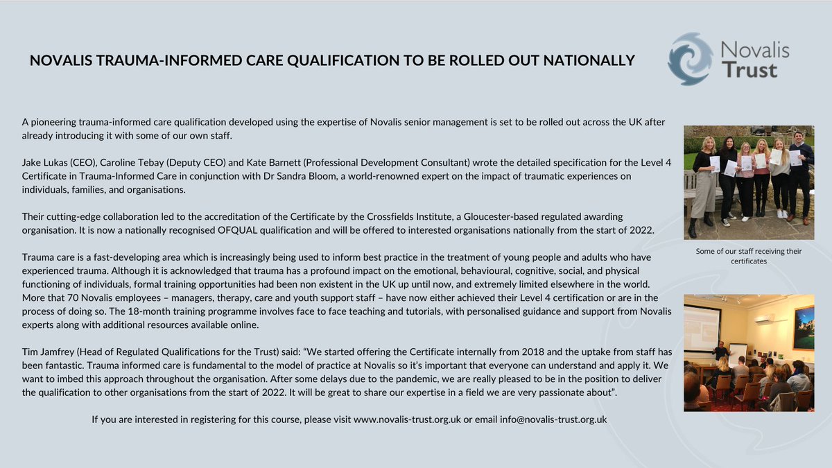 We have an exciting qualification launching for external organisations this year across the UK, if you are interested please contact us! #traumainformedcare #novalistrust #trainingopportunity