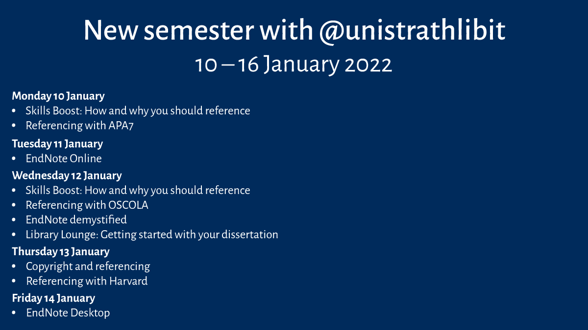University of Strathclyde Library & IT (@unistrathlibit) on Twitter photo Happy New Academic Year, <a href="/UniStrathclyde/">University of Strathclyde</a>! Our Semester 2 Referencing Week begins today.
🟢 Skills Boost: How & why you should reference: bookings.strath.ac.uk/Home/Course/53…
🟢 Referencing with APA7: bookings.strath.ac.uk/Home/Course/55…
🟢 All upcoming sessions: strath.ac.uk/professionalse… Happy New Academic Year, <a href="/UniStrathclyde/">University of Strathclyde</a>! Our Semester 2 Referencing Week begins today.
🟢 Skills Boost: How & why you should reference: bookings.strath.ac.uk/Home/Course/53…
🟢 Referencing with APA7: bookings.strath.ac.uk/Home/Course/55…
🟢 All upcoming sessions: strath.ac.uk/professionalse…