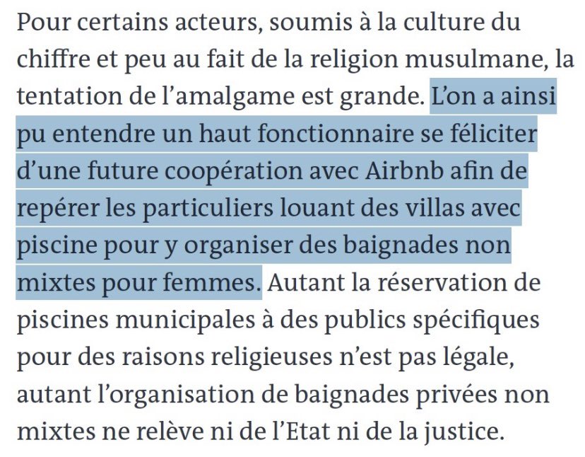 On apprend donc dans <a href="/lemondefr/">Le Monde</a> que le gouvernement entend demander à <a href="/airbnb_fr/">Airbnb France</a> de l’aider à repérer les personnes qui louent des maisons avec piscine pour que des femmes puissent se baigner sans mixité.
C’est donc ça la laïcité? Cibler celles qui veulent nager loin de regards?