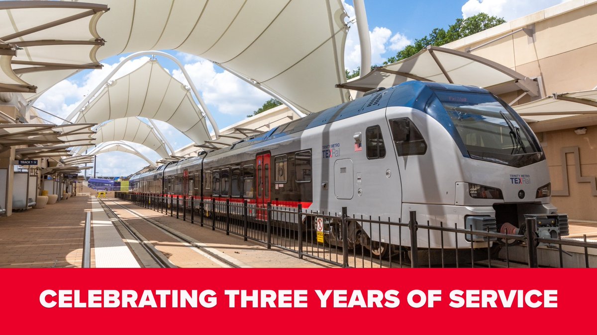 TrinityMetro's tweet photo. Happy Anniversary TEXRail!!

On Jan. 10, 2019, service began on Trinity Metro TEXRail, the 27-mile commuter rail line that extends from downtown Fort Worth and into Dallas Fort Worth International Airport’s Terminal B.

For more TEXRail information, visit: https://t.co/iPrfcQMKlI https://t.co/ytK9RD9Kd3