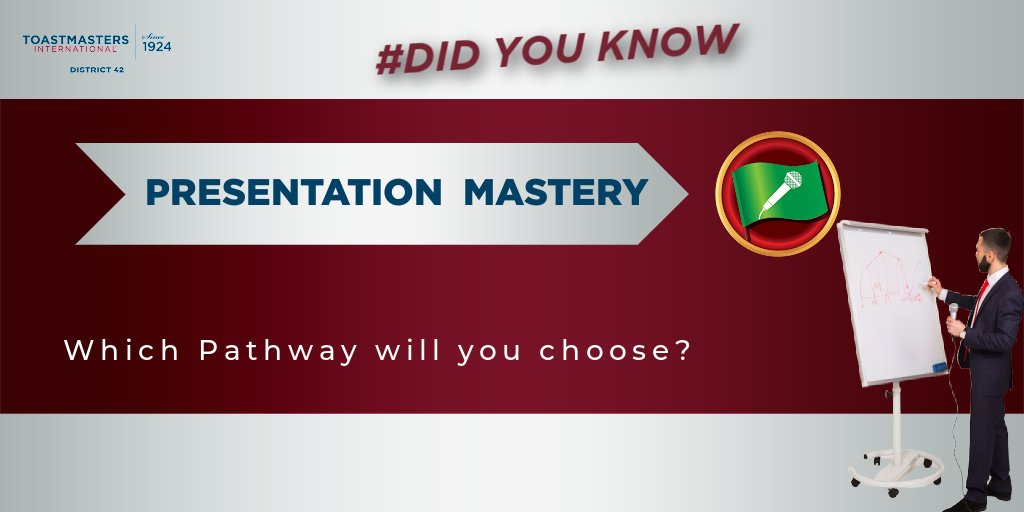 ToastmastersD42's tweet photo. Presentation Mastery
This path culminates in an extended speech that will allow you to apply what you learned.
Is this the right Pathway for you? Take the test and see.... https://t.co/Zfy7yztK9S
#DidYouKnow #Pathways #Toastmasters #PresentationMastery https://t.co/UK2PX0f6to