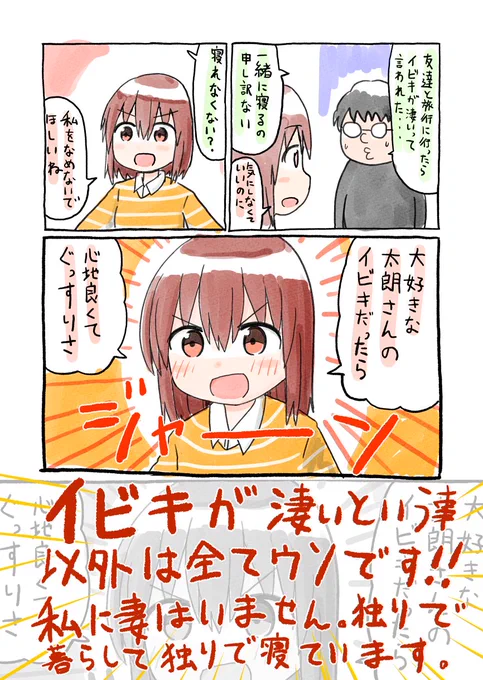 イビキが酷いので妻に「同じ布団だと寝れなくない?」って事聞いたら反論されました 