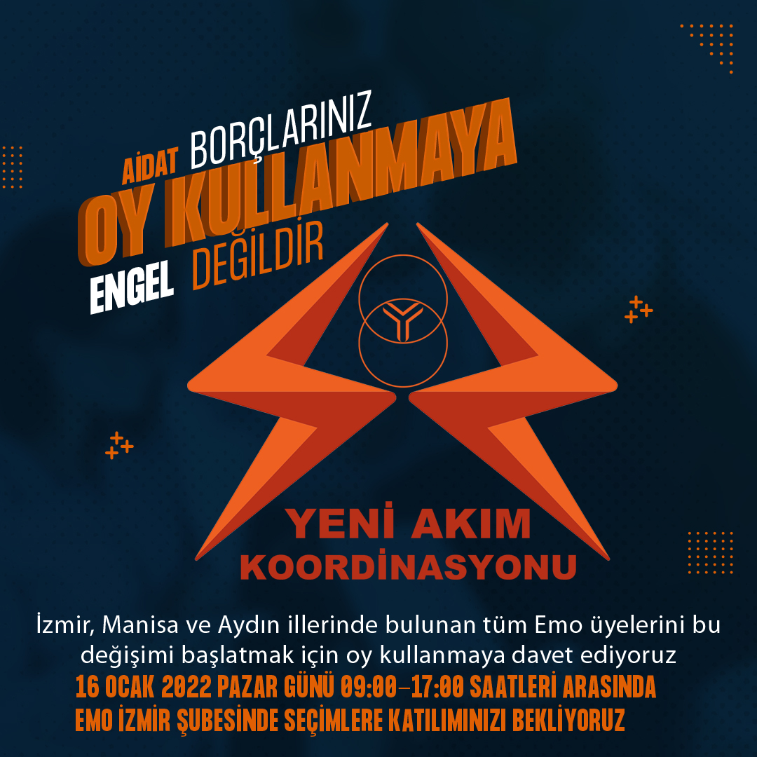 Aidat borçları oy kullanmaya engel değildir!

Oy ver mesleğine, odana, geleceğine sahip çık!

#emo #yeniakim #çareyeniakim  #seçim #oyver #izmir #manisa #aydın #mesleğinesahipçık  #genç #türkiye #bizkimiz #mühendis