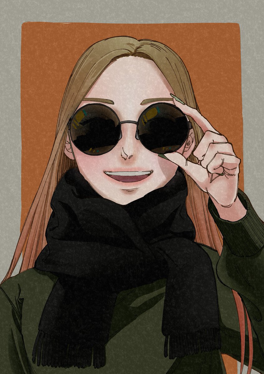 1girl solo long hair sunglasses scarf smile black scarf  illustration images