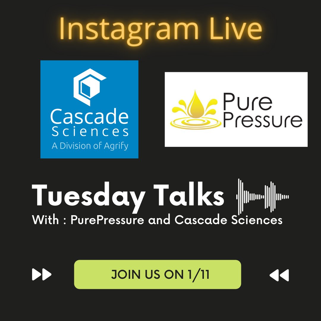 Join us tomorrow for an Instagram Live with Josh from PurePressure to talk about their company, the acquisition, and more! 
.
.
.
#purepressure
#AGRIFY
#instagramlive
#teamcascadesciences
#tuesdaytalks