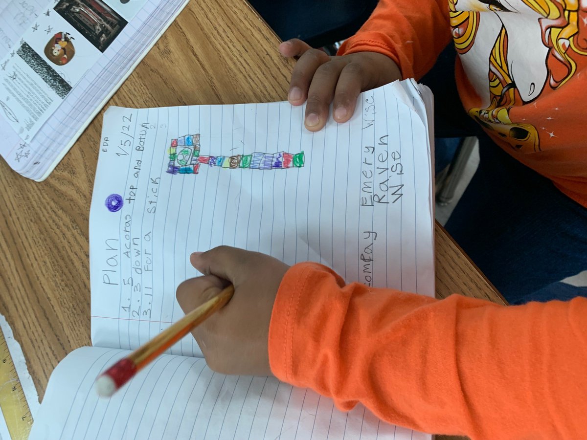 2nd graders planned their 2 toy designs using the matter they were given and wrote down the steps to make each creation in their journals