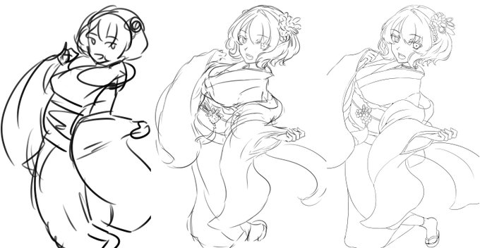 ラフとか置いときます

もう少し描き込むか悩んだのですが、袖の縫い目に矛盾があったりと、ちょっと色々気になったので、これはここまでで区切りとしました

構造上の矛盾を減らして小物をしっかり描く、というのも今年の目標の一つです 