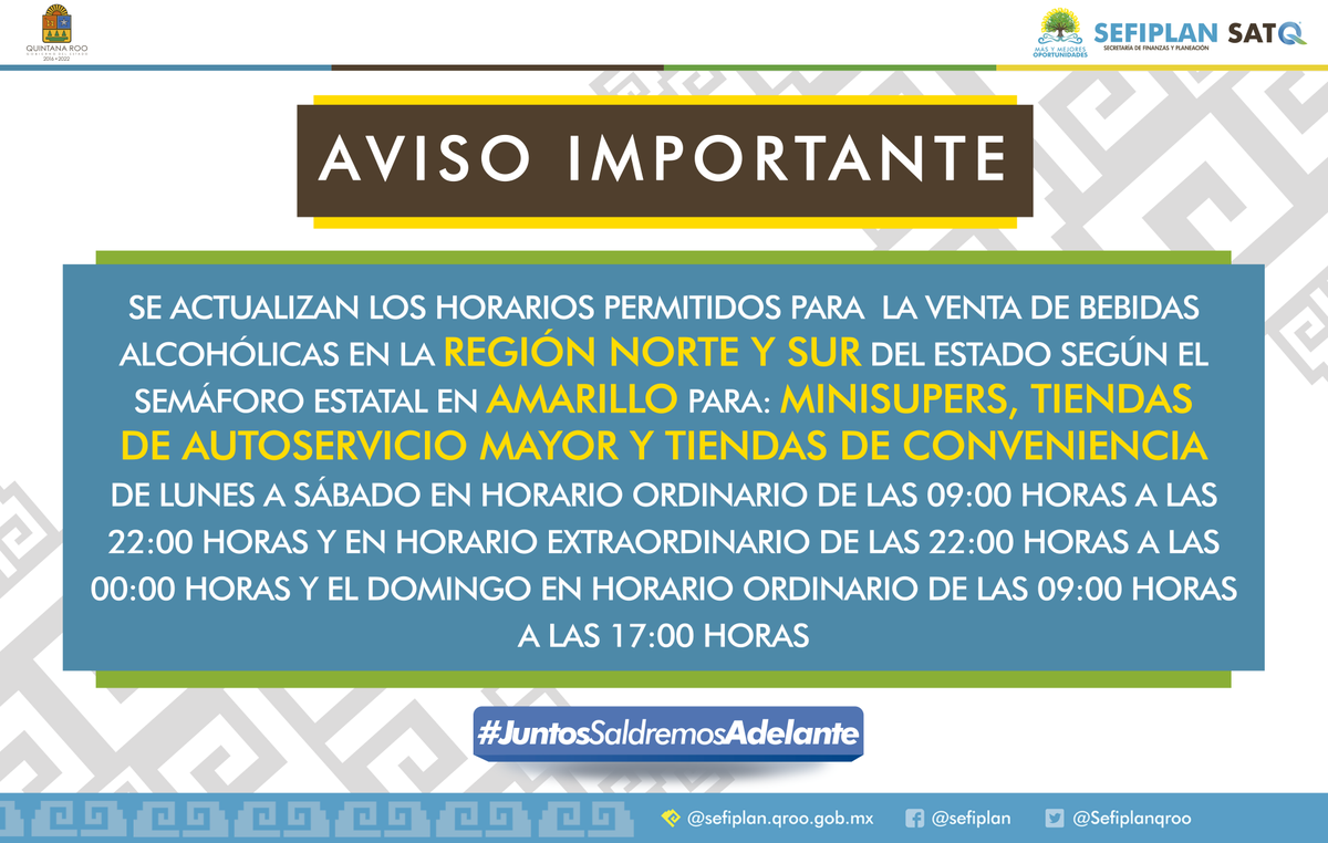 🍾De acuerdo al #SemáforoEstatal en color #AMARILLO que entra en vigor hoy 10 de enero en todo #QuintanaRoo, se modifican los horarios permitidos para la venta de bebidas alcohólicas. 

Consulta los horarios vía WhatsApp 998 896 1853 o al mail dglba.sefiplan@gmail.com