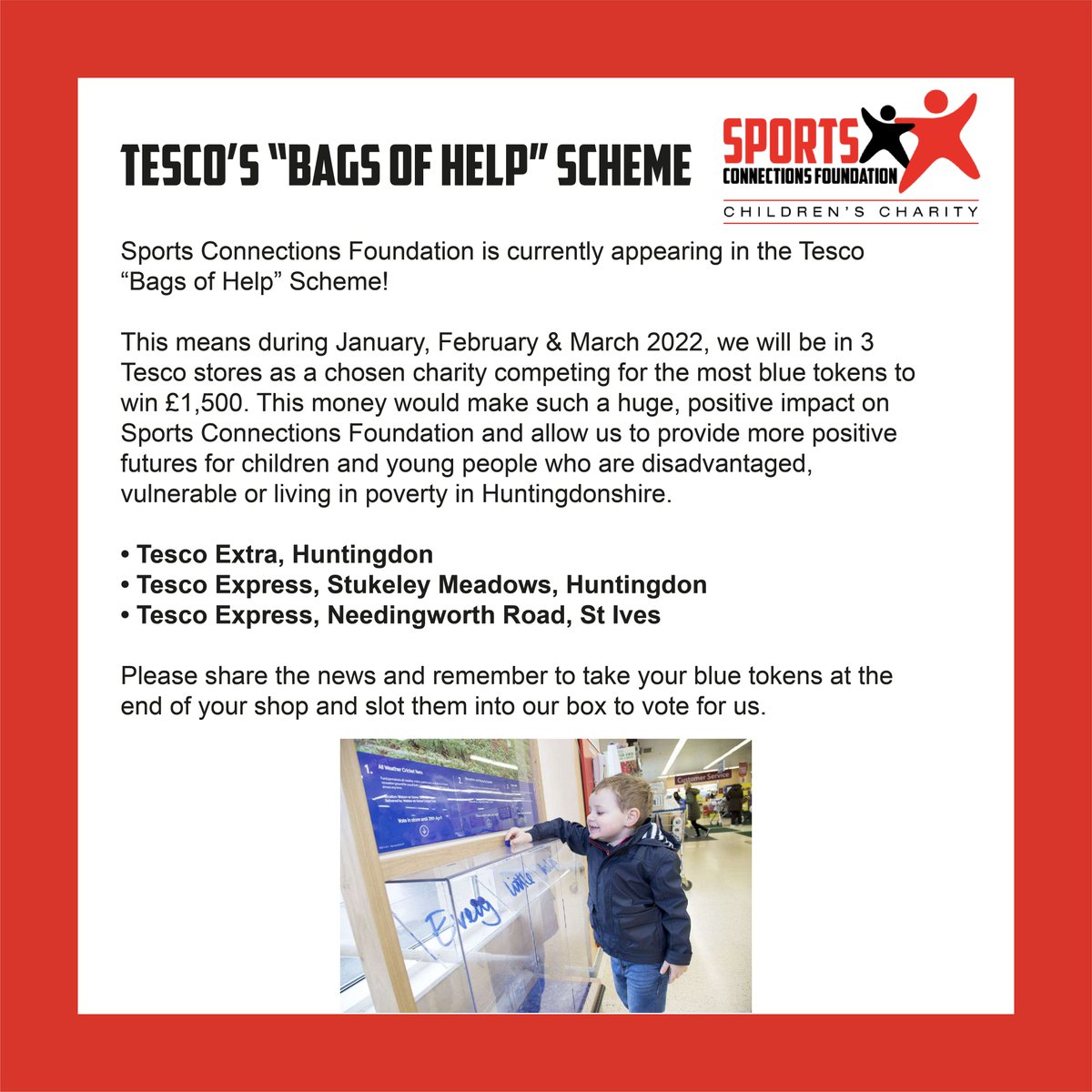 If you shop at <a href="/Tesco/">Tesco</a> please vote for us at the following stores in Huntingdon and St Ives!

#support #Charity #children #youngpeople #thankyou #help #vote