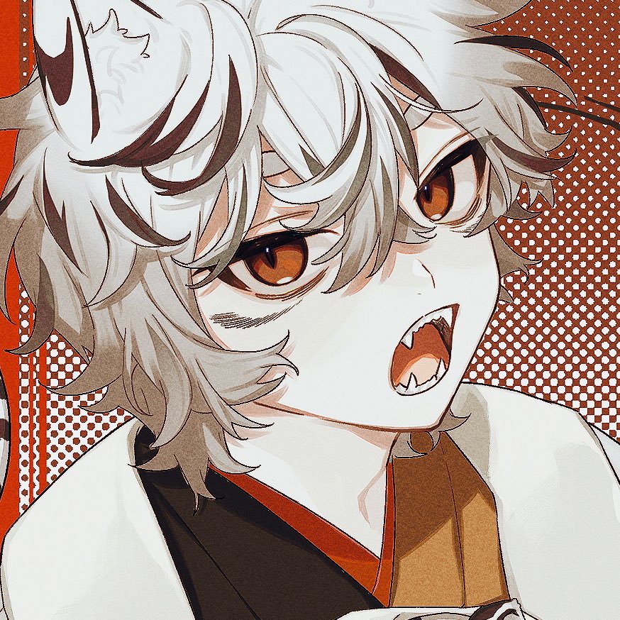 animal ears solo 1boy male focus white hair open mouth fangs  illustration images